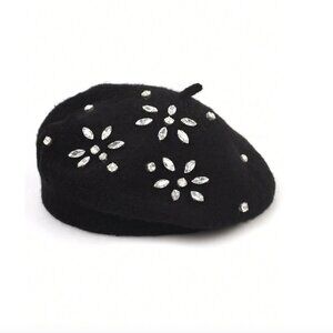 Wool Blend Rhinestone Flower Knitted Beret Cap Black
